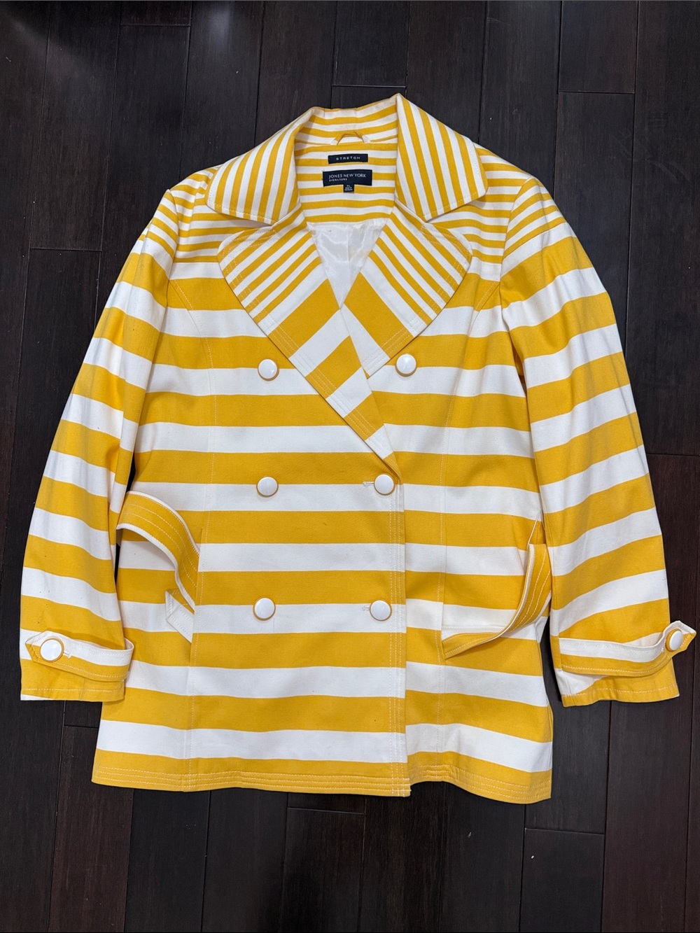 Jones New York Signature Yellow and White Striped Double-Breasted Pea Coat